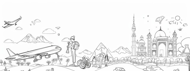 Whimsical line art characters exploring various destinations and attractions.