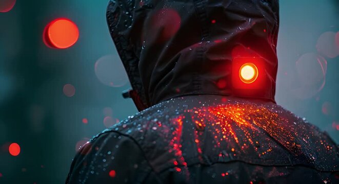 Jacket with hidden distress signal button GPS tracking and emergency notifications. Concept smart clothing, safety features, distress signal, GPS tracking, emergency notifications