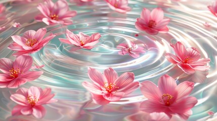   A group of pink flowers floats on the surface of a body of water, surrounded by circles of water ripples