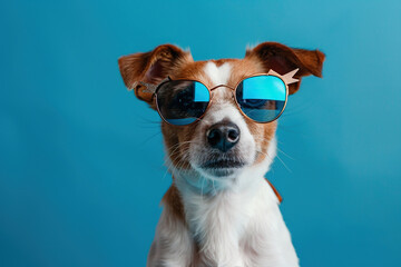 Jack Russell dog with a sunglasses on a blue background with space for text. Pets. Generated by artificial intelligence