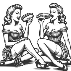 two retro-styled women playfully eating hot dogs joyful moment in vintage fashion sketch engraving generative ai fictional character vector illustration. Scratch board imitation. Black and white image