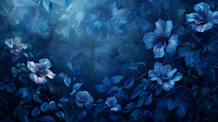 Dark blue background featuring a wall adorned with deep blue blossoms