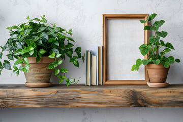 Minimalist wooden shelf with decorative items and plant. Studio photography with place for text. Interior design and home decor concept for design and print.