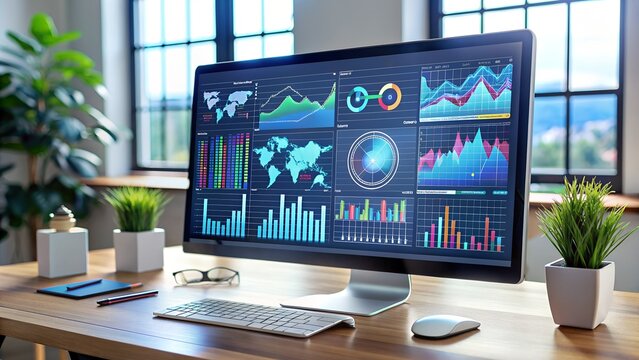 Computer monitor displaying  an abstract network. Visualizing network health and dashboard with live data analytics monitoring with real-time data analytics, graphs, and system indicators.