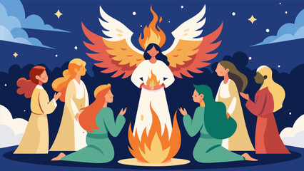 An ethereal drawing of a group of angels gathered around a heavenly fire as one of them recites a celestial poem about the beauty and symbolism of the. Vector illustration