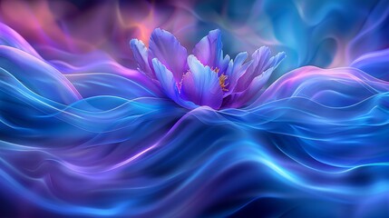   A painting of a purple and blue bloom in the heart of a blue, pink, and purple water wave