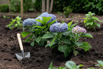 Freshly planted hydrangea garden with shovel in the foreground, perfect for spring gardening themes