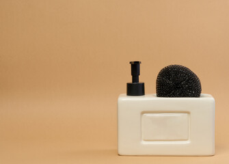Ceramic container for dishwashing liquid and black sponge