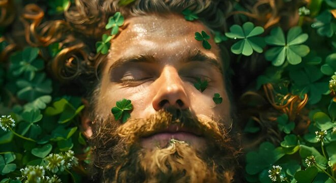 St Patrick's Day Concept: Bearded Man Sleeping on Clovers with Beer Mug. Concept St Patrick's Day, Sleep, Clovers, Beer, Bearded Man