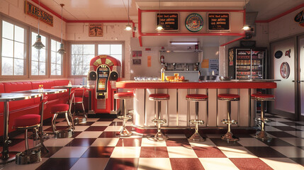 A retro diner-inspired kitchen with a checkered floor, red vinyl bar stools, and a vintage jukebox in the corner.