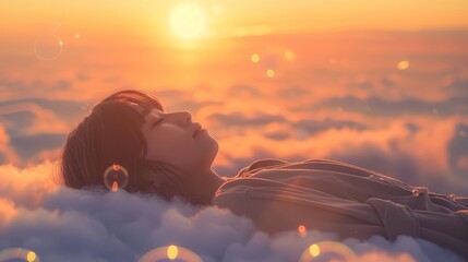   A woman reclines in the clouds, eyes closed, face turned towards setting sun