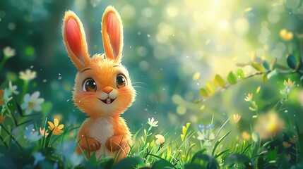   Rabbit in Grass Field with Daisies