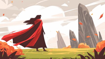 Fototapeta premium A woman in a red cape stands before a field of tall rocks, background filled with autumn's falling leaves