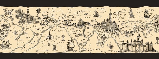 A detailed line art illustration of a vintage map, highlighting key landmarks and destinations.