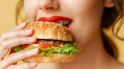 ハンバーガーを食べる女性の口元 黄色背景 - obrazy, fototapety, plakaty