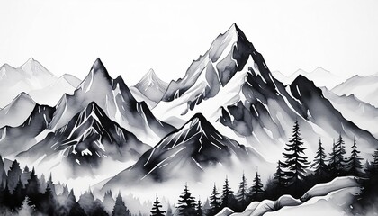 watercolour black and white mountains in winter with white background