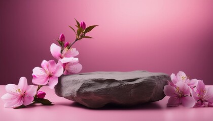 stone product display podium with nature flower on pink background