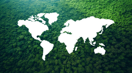 world map on green forest background representing the ecological call, Sustainable green environment. transparent background	