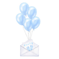 Blue balloons bundle, envelope with letter footprint. It`s a boy. Gender reveal party, baby shower. Kids birthday surprise. Hand drawn watercolor illustration isolated background. For newborn children