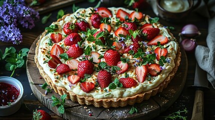   A strawberry pie on a cutting board with a knife and a bowl of flowers