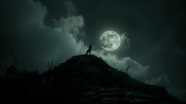 Werewolf howling at a full moon on a hilltop at night.