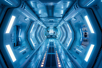 Glowing Futuristic Spaceship Interior Bathed in Radiant Blue and White Lighting .