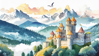 medieval castle with mountains hils and trees clouds and birds watercolor background illustration for kids room