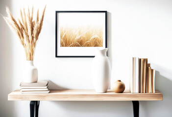 'Scandinavian background wall White card busines books grass ovatus Lagurus dry vase ceramic Modern table bench vintage mockup frame wooden Square closeup artistic photo picture blank decoration bed'