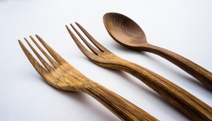 set of table ware with fork knife and spoon bamboo wood biodegradable recycled materials isolated...