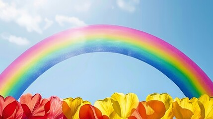   A rainbow arches over a flower-filled field, its center aligned within the frame; behind, a blue sky unfolds