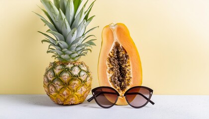 a pineapple papaya and sunglasses on a yellow background