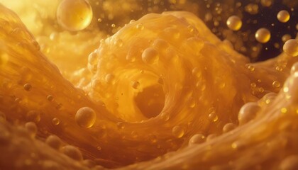 swirls of golden orange liquid flowing around a bubble abstract background