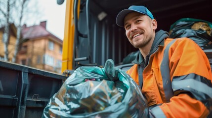 Garbage collector lifting waste bags into the back of a truck