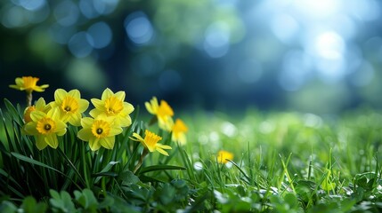  A field of lush green grass dotted with a group of yellow flowers, bordering a verdant forest
