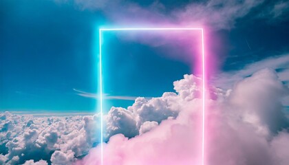 neon pink and blue pastel light frame in a surreal cloud dreamscape