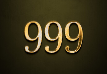 Old gold effect of 999 number with 3D glossy style Mockup.	