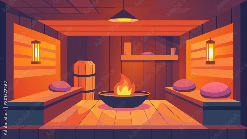 Poster The sauna is lined with Himalayan salt lamps creating a warm calming glow that promotes relaxation and detoxification..