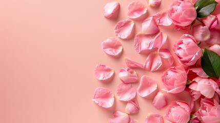 Obraz premium A group of pink flowers lying on a pink surface, with a green leaf atop their petals