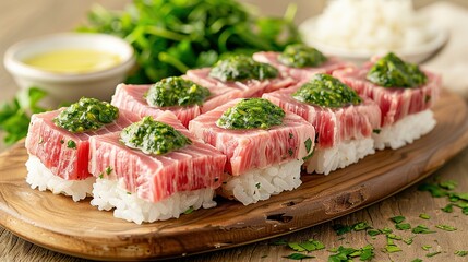  Wooden sushi platter with sauce and green garnish