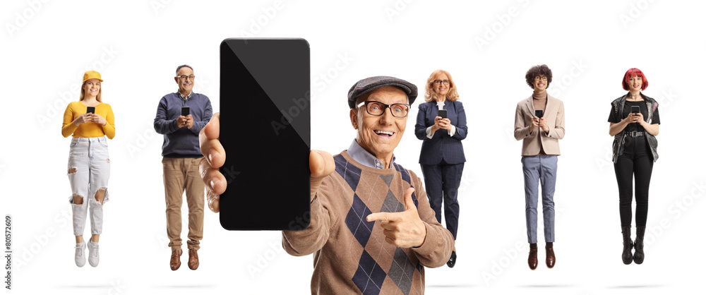 Sticker Senior man pointing at a new smartphone and group of happy people with mobile phones