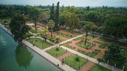 Garden by the lake of Park San Martin, in Mendoza, Argentina. Aerial view.