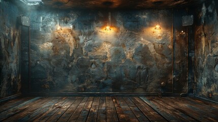 A grunge industrial background with ceiling lights, concrete slab walls, wood flooring, and a dark room with wooden floors