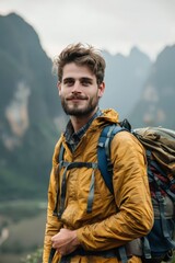 Obraz premium Portrait of a content traveler with a backpack