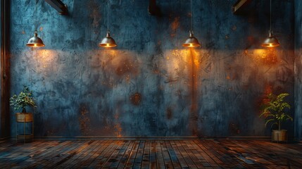 A grunge background with ceiling lights, a dark room with concrete slab walls, and a wooden floor