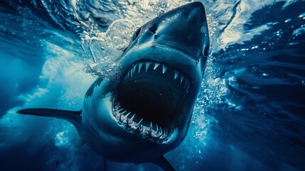 View of a shark from underneath, showing its open, menacing mouth filled with numerous teeth.