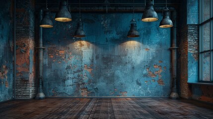 The background is grunge industrial, with illuminated ceiling lamps, a dark room with concrete slab walls and wood flooring