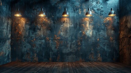 Lighting for ceiling lamps in a grunge industrial background, and wood floors and concrete slab walls