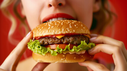 ハンバーガーを食べる女性の口元 赤色背景 - obrazy, fototapety, plakaty