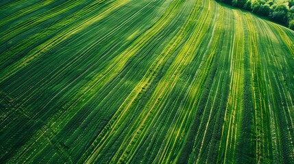 An aerial drone photograph showcasing acres of green fields stretching as far as the eye can see, portraying the sunny landscape beauty of nature and harvest farms. 