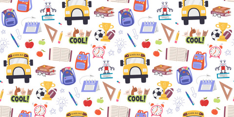 Back to school seasonal horizontal repeating wallpaper. Cute school elements seamless pattern isolated on white background. Wrapping paper print design. Education hand drawn flat vector illustration